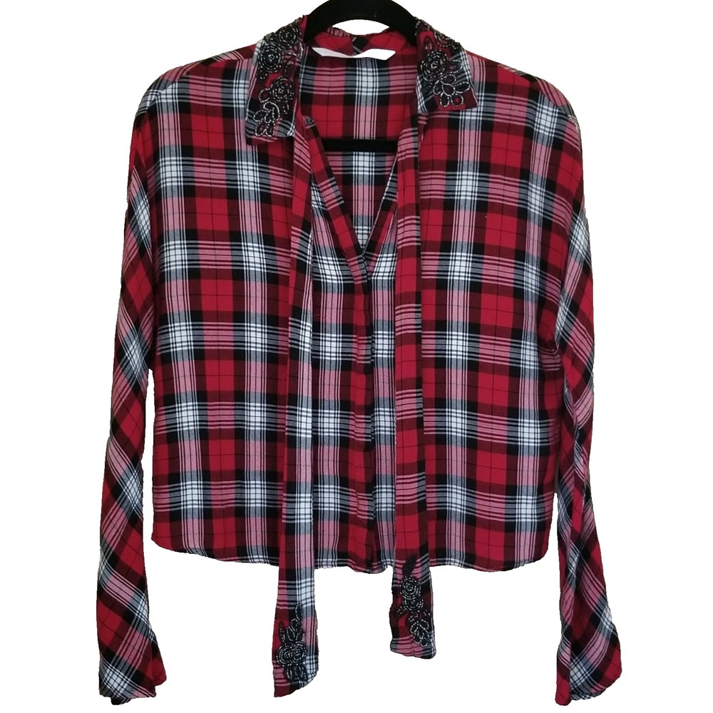ZARA TRAFALUC COLLECTION Blouse Womens S Red Plaid Beaded Long Sleeve Crop